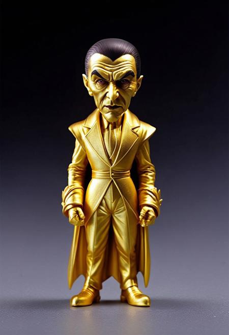 XCYP Art Toy,A sweet Little matte golden dracula (Bela Lugosi), japanese sofubi EVA Material) Artist Design Piece,Award-Winning Lens,Highly Detailed,Ultra High Resolution,32K UHD,Clear Focus,Best Quality,Masterpiece.,
