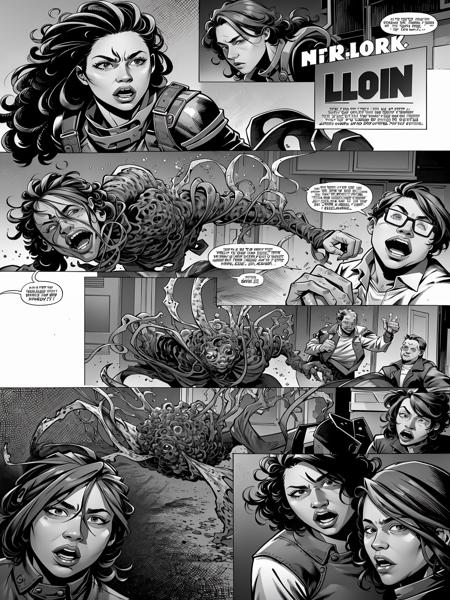 (Realistic:1.5) (masterpiece) tentacles, destruction, tentacles, dreadlocks, gun, greyscale, bar (place), striped shirt, battle, prosthetic arm, thick thighs, large breasts, kaijuu, motor vehicle, thick eyebrows, mole under eye, english text, suit, door, left-to-right manga, horror (theme), helmet, food, explosion, coat, bar (place), 6+girls, robot, antlers, driving, <lora:EdobComic01_v1.0:0.8>