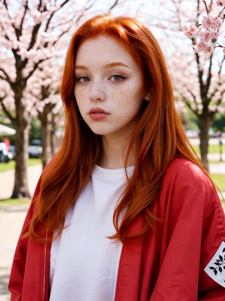 raw photo, (18yo ginger hair girl:1.2), makeup, graphic eyeliner, rouge, (choker:0.7), realistic skin texture, oversize jacket, (red:0.8), sakura park, softcore, warm lighting, cosy atmosphere, instagram style, outdoor, (spring:1.1)