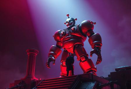 "Capture a dramatic, high-definition image of Saggi the Dark Clown robot standing atop the Orca Mega-Fortress of Darkness, set against a backdrop of a red, blue, purple, and black fade. The robot should be in an action pose, with a spotlight highlighting its attractive, beefy form and pompous expression. An old man can be seen in the scene, standing near a pillar and the singularity. Utilize a red and teal color scheme, with a focus on hyperrealistic details, cinematic lighting, and depth of field. The final image should resemble a still from a high-budget film or a visually striking 4K wallpaper, trending on ArtStation."