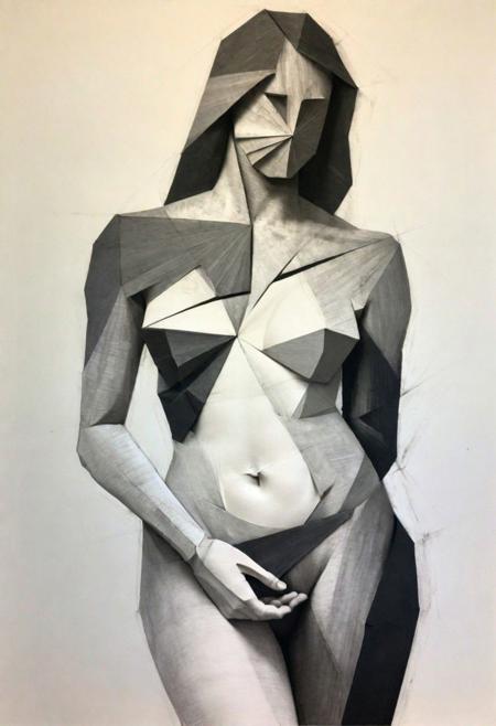 In this evocative sketch, the essence of the female torso is captured through the art of deconstruction. The live model, posing in artistic stances, lends inspiration to the charcoal lines that gracefully delineate the form. The sketch abstains from including limbs and the head, focusing solely on the torso and chest, emphasizing the raw beauty of the human core. Executed with precision, the charcoal lines exhibit a distinct sharpness, alternating between broad strokes and delicate tonal gradations. The artist skillfully plays with the interplay of light and shadow, accentuating the natural contours and curves of the torso. The lines, more pronounced at angles, accentuate the dynamic interplay between light and form, bringing forth a sense of depth and volume. The deconstruction of the female torso allows for an exploration of the skin's texture, and the lines intricately follow the contours, mimicking the subtle undulations of the body. The tonal variations created by the charcoal strokes evoke a sense of sensuality, revealing the inherent beauty in the play of light on the skin. The writing in this sketch follows the organic flow of the form, adapting to the curves and volumes of the torso. The charcoal lines, serving as both artistic expression and anatomical exploration, create a mesmerizing visual narrative that invites viewers to appreciate the beauty and complexity inherent in the deconstructed female torso.