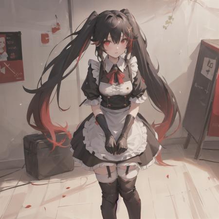 <lora:Lucia-3:0.5>, 1girl, masterpiece, highest quality, best quality, , highly detailed, best illustration, glowing hair, ray tracing, semi realistic, Lucia, black hair, red eyes, multicolored hair, maid outfit, twintails, leaning forward, standing, looking at viewer, garter belt