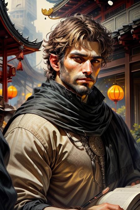 score_9, score_8_up, 8, score_7_up, solo,  
fantasy style, masterpiece, 8k, dynamic pose, 20 y.o, <lora:Fantasy_Classes_SD:1>,
<lora:Fantasy_Classes_SD:1>, (artificer)), bara, mature, facial hair, ((ecological landscape, golden low-fade, __eye-color eyes__, curious, pagoda)), masterpiece, highly detailed face and skin, hyperrealistic, male only, bara, mature, stubble, handsome, male focus, light particles, real light and shadow, (((cowboy shot, exercising))), <lora:style_adddetail:.7> <lora:style_deluster2:-.4><lora:style_hotarublurbk_v100:1>
BREAK
(EyesHD:1.2), (4k,8k,Ultra HD), masterpiece, best quality, ultra-detailed, very aesthetic, sharp focus, depth of field, ray tracing, best lighting, detailed illustration, detailed background, cinematic, 
BREAK 
detailed background, dynamic action image,
BREAK
oil painting, BadDream, negative_hand, NEG_EMBED_STABLE_YOGI_V3, FastNegativeV2, AissistV2
(detailed:1.3), (sharp focus:1.1), medieval style, (expressive face:1.2),,