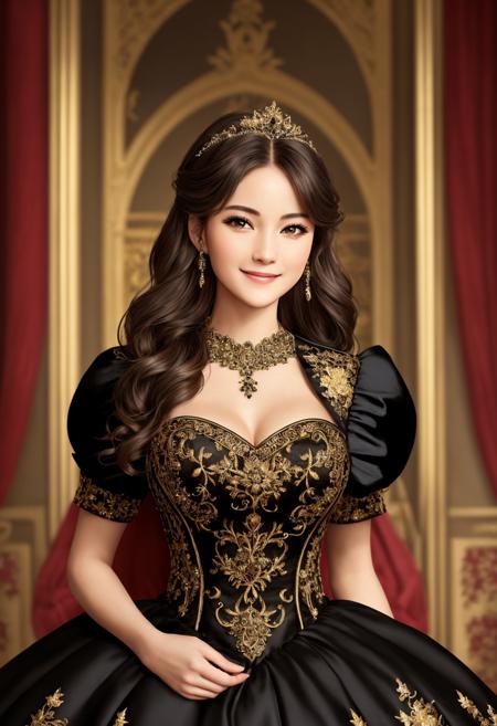 Masterpiece, absurdres, fine detail, HDR, highly detailed face and eyes, photorealistic, smiling, excited, ballgown, a woman in a black dress posing for a picture , wearing a ballgown, superb golden embroidery,<lora:ballgown:0.7>