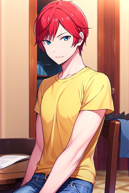 <lora:Reinhard:0.8>, Reinhard, 1boy, solo_focus, red hair, blue eyes, yellow t-shirt, jeans