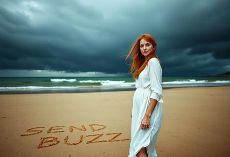 (Anton Corbin photography style), (gritty, high contrast, slow shutter speed, grainy),  (film grain:1.5), 
It’s a dark and stormy day, a beautiful woman with long red hair and blue eyes stands on the shore of sandy Scottish beach wearing a loose thin fitting white dress, her hair and dress blown by the wind, she is on the right side of the image looking at words written in the sand near her is “SEND BUZZ”