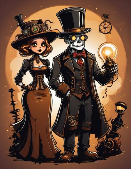 breathtaking vector cartoon illustration of  spooky, attractive, cute, golden hour, steampunk, elegant couple <lora:Vector cartoon illustration-000008:1>