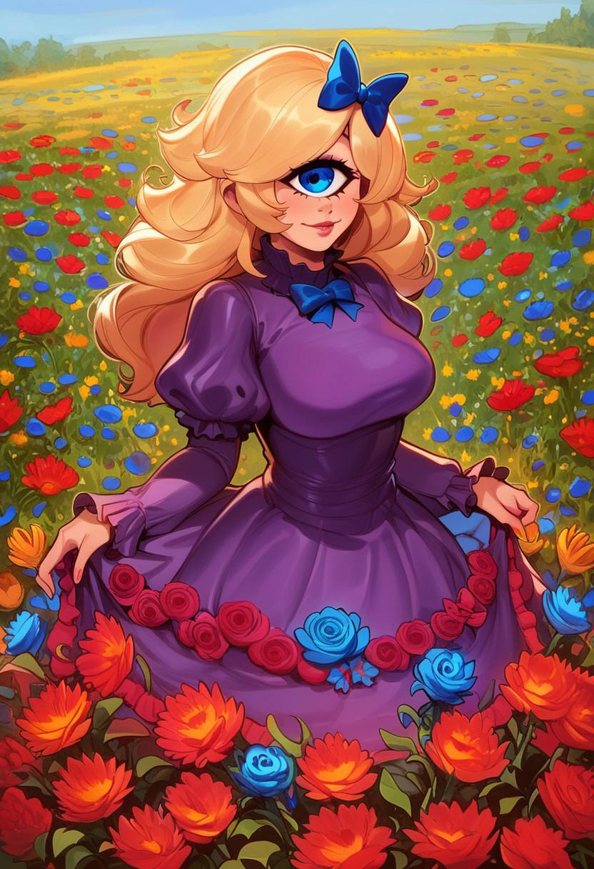 score_9, score_8_up, score_7_up, score_6_up,  1girl, gorgeous girl, cyclops girl, 1 beautiful eye, bright blue eye, cyclops girl, long blonde hair, large breasts, flowers, colorful flowers, red flowers, blue flowers, field, purple dress, bow, dress, frilled dress, frills, large bow, long sleeves,