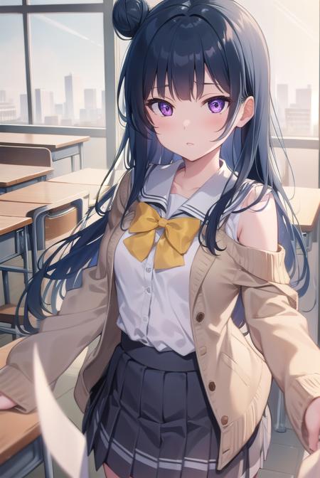 yoshikotsushima, <lyco:yoshikotsushima-lyco-nochekaiser:1>, 
yoshiko tsushima, blue hair, hair bun, (purple eyes:1.1), single side bun, bangs, long hair, (small breast:1.2),
BREAK bow, bowtie, buttons, grey skirt, long sleeves, pleated skirt, school uniform, serafuku, skirt, uranohoshi school uniform, yellow bow, yellow bowtie, sleeveless,
BREAK looking at viewer, 
BREAK indoors, classroom,
BREAK <lyco:GoodHands-beta2:1>, (masterpiece:1.2), best quality, high resolution, unity 8k wallpaper, (illustration:0.8), (beautiful detailed eyes:1.6), extremely detailed face, perfect lighting, extremely detailed CG, (perfect hands, perfect anatomy),