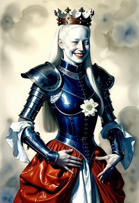 A highly detailed, intricate line-art illustration. Detailed hyper realism in the visible body parts (face, hands, legs). the most beautiful albino woman, wearing a long red skirt, she wears an old leather armour, crown of white flowers, she is looking at viewer smiling, oil painting, Gerald Brom Style watercolor dark blue over white, The composition features mesmerizing line work, neutral background, and a play of light and shadow. The overall aesthetic is serene, introspective, and dreamlike, blending realism with a highly structured, almost meditative pattern-based design.
