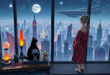 Jiji, the cat from Kiki's Delivery Service sits on a cluttered metal riveted desk next to a maneki neko statue and a lava lamp, Jiji is looking out of a floor to ceiling window that looks out at a very high view from an apartment on the 400th floor of a futuristic Tokyo skyscraper, the year is 2250, The city has thousands of enormous wide and tall futuristic skyscrapers and space ships in the sky, (((Kiki from Kiki's Delivery Service, 24 years old, is standing next to the cat looking out at the enormous city at night, filled with buildings over a mile tall))), Kiki is dressed in an ornate Japanese style bath robe. An enormous starship is visible high above the city, The woman's hair is messy from just waking up and tied up with a ribbon. Artistic cyberpunk, dynamic perspective, The focus is on Jiji and Kiki standing together looking out the window at the view together,