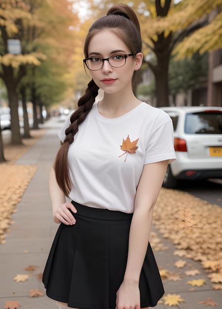 (masterpiece, high quality:1.3), (medium shot:1.4), woman, long hair, (pale skin:1.1), (smirk:0.5), ((black t-shirt)), ((black skirt)), (white thighhighs:1.1), glasses, eyeglasses, one hand on hip, hand on waist, (autumn, fall colors, leaves falling:1.25), (beautiful, gorgeous:1.5), (brune, pale hair:1.3), (ponytail:1.3), (looking at viewer:1.4), detailed background, standing on the sidewalk, parked cars, RAW photo, subject, 8k uhd, dslr, soft lighting, high quality, film grain, Fujifilm XT3, (bokeh:1.2)
