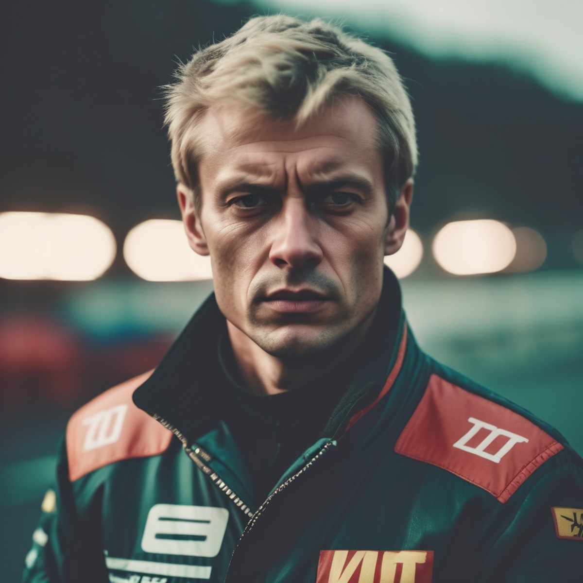 <lora:TestLUTs1:0.6>
blonde man with stern face, 80s style race driver coat, closeup portrait, dramatic action look LUT