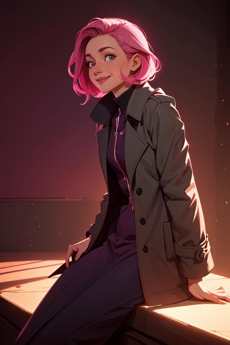 A cartoon illustration of a woman in a purple dress and a black jacket, smiling and holding a knife.