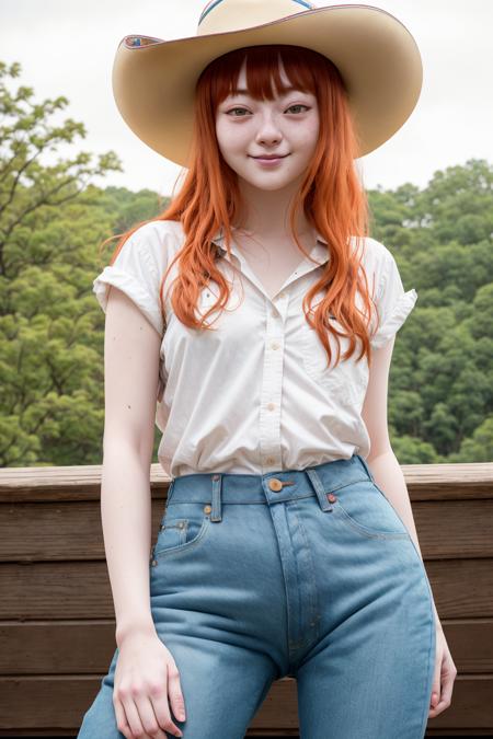 portrait photo of (Yu-jinNobodySD15:1.0) (cowgirl:1.2) curly red hair smiling ranch stetson hat (denim:1.1) depth of field bokeh bright morning light (masterpiece) (best quality) (detailed) (8k) (HDR) (wallpaper) (cinematic lighting) (sharp focus) (intricate) <lora:epiNoiseoffset_v2:1>