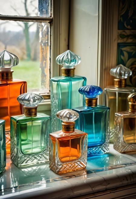 Classic photography, realistic, many perfume glass, right angles, translucent, blue, green and orange, vibrant colors, with golden labels, classic perfume labels, detailled, in a vintage bathroom, toillete, near a window, in a old victorian house, perfect composition, perfect geometry, masterpiece