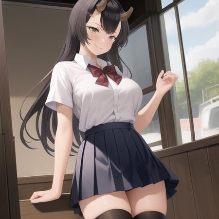 (masterpiece, best quality:1.2),illustration,8k,hd,absurdres,1girl,solo,cowboy shot,smile,black hair,blue skirt,bowtie,collared shirt,hair ornament,flower hairclip,large breasts,long hair,miniskirt,oni horns,pleated skirt,red bowtie,school uniform,shirt tucked in,short sleeves,skin-covered horns,taut clothes,taut shirt,white shirt,wing collar,yellow eyes,black thighhighs,<lora:Kanbo sakura(enjo)>,