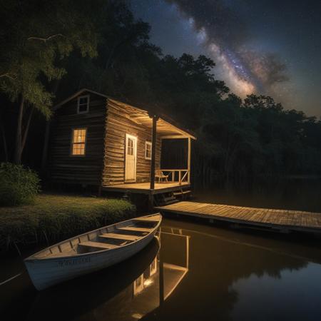 At night, a small row boat lied moored at a dock next to a brightly lit but old cabin that rests on the riverbank in the middle of the bayou