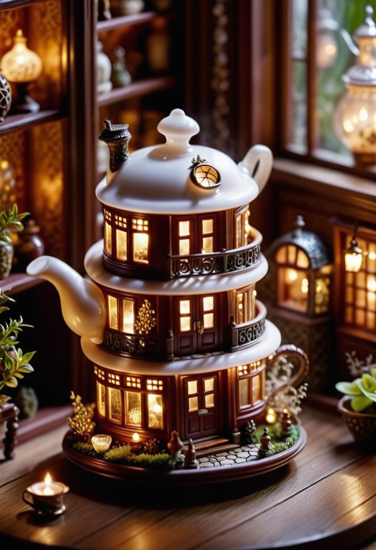 cinematic photo In a cozy teapot house, a miniature model of a miniature house inside is adorned with intricate details. I...