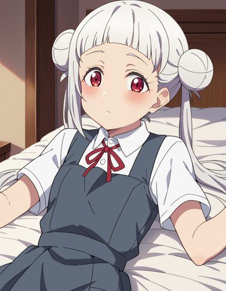 <lora:chisato-arashi-s2-ponyxl-lora-nochekaiser:1>, chisato arashi, long hair, bangs, red eyes, twintails, white hair, blunt bangs, hair bun, double bun, shirt, dress, ribbon, school uniform, white shirt, short sleeves, collared shirt, red ribbon, neck ribbon, pinafore dress, grey dress, summer uniform, yuigaoka school uniform,