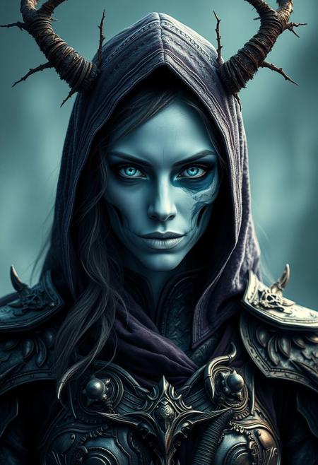 A highly detailed close-up photo of a goddess.  Her name is Hel and she represents death and the underworld. She appears to be about 40 years old, but she is immortal. Half of her face is beautiful and alluring and the other half transitions into translucency with her skull visible under translucent pale blue skin, she wears a hood with brambles and thorns resembling horns or wings from her head, her eyes are ice blue and cold, and her expression is malicious and vengeful.  She wears ornate armor that fits her feminine form tightly, with peaks of her pale skin beneath.  Pale blue and green tones dominate the background and her clothes consist of dark purple, silver and brass tones