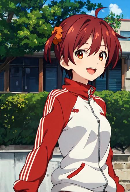 short hair, hair ornament, small breasts, twintails, brown eyes, red hair, ahoge, hair scrunchie track jacket, red shoes, red buruma blue school swimsuits white school uniform, long sleeves, white shorts, short shorts, black socks, red shoes