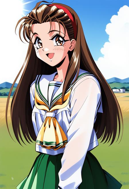 yasuda_maina, brown eyes, brown hair, long hair, hairband, school uniform, serafuku, white sailor collar, yellow neckerchief, white shirt, long sleeves, green skirt, pleated skirt,