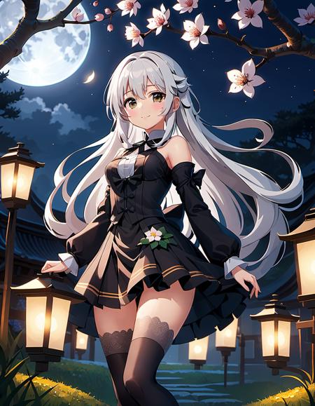 1girl,solo,anime,full body,smile,mysterious,gorgeous girl,stunning girl,white hair,black dress,short skirt,(black thighhigh),sakura tree,moon night,looking at viewer,close to viewer,elegant standing,(embedding:unaestheticXLv13.safetensors:1.2),(embedding:unaestheticXLv31.safetensors:1),(embedding:negativeXL_D.safetensors:0.8),(masterpiece,best quality,ultra_detailed,highres,absurdres:1),(masterpiece, top quality, best quality, beautiful and aesthetic),ultra-detailed,an extremely delicate and beautiful,beautiful detailed face,clear face,best illustration,extremely detailed eyes and face,amazing,detailed and intricate,Highest image quality, beautiful delicate background,beautiful detailed glow,