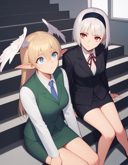 elwng, elf, pointy ears, stdef, head wings, collar, juliet sleeves, midriff, bustier, cleavage, long sleeves, belt, elwngskirt, green skirt, single fingerless glove, boots stbn, red eyes, short hair, white hair, hairband, stdrs, stcape, stud earrings, ribbed shirt, turtleneck dress, side slit, thigh boots, white footwear