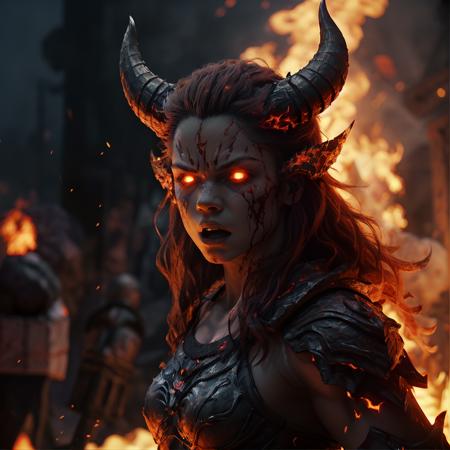 highly detailed cinematic photo of a fire giant, 
1girl, horns, flaming eye, full armor, glowing eyes, molten rock, muscular,  orange hair, red hair, open mouth, holding weapon,

realistic, depth of field, blurry background,

medieval town,

photorealistic,
analogue photography,
low key lighting,
