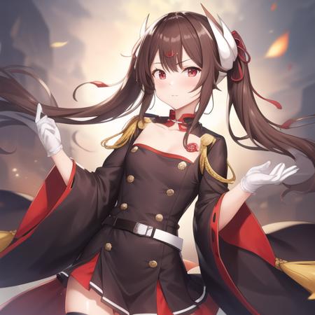 (masterpiece, best quality:1.2),absurdres,highres,1girl,solo,upper body,haruna (azur lane),bangs,belt,belt buckle,black dress,black thighhighs,brown hair,collarbone,eyebrows visible through hair,long hair,long sleeves,loose belt,oni horns,red eyes,short dress,swept bangs,tassel,twintails,white belt,white gloves,wide sleeves,zettai ryouiki,<lora:Haruna(azur)>,