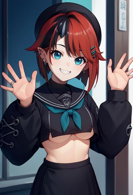 horns ryugasaki1st, short hair, black jacket, open jacket, black sports bra, underboob, black pants, zipper, chain, piercing, demon tail, midriff ryugasaki2nd, black bikini, fishnet top, underboob, shrug \(clothing\), white jacket, striped jacket, single sleeve, blue shorts, fingerless gloves, belt, jewelry, ear piercing, necklace, demon tail, single bare shoulder ryugasaki3rd, short hair, beret, black serafuku, crop top, underboob, blue neckerchief, long sleeves, black skirt, ear piercing