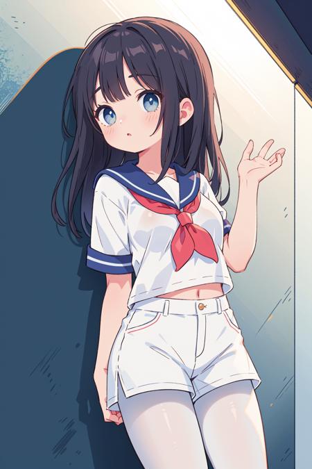 masterpiece,best quality,1girl,(Straight hair:1.3),((hands behind back)),sailor suite,white shorts under skirt,gale,(medium breasts),(pantyhose),kawaii eyes,detailed eyes,detailed skin,lean against the wall,crossed legs,cinematic lighting,depth of field,