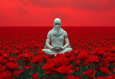 A figure shrouded in white bandages sits cross-legged amidst a field of vibrant red poppies, meditating under a blood-red sky. Focus on the figure. Photorealistic, surreal, unsettling, in the style of Joel-Peter Witkin or Hans Bellmer, with the symbolic imagery of Frida Kahlo.