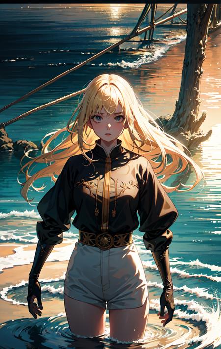 (anime), (illustration), cartoon, detailed, (dark shot:1.1), epic realistic, A girl with blonde hair is standing on the water, in the sea, faded, (neutral colors:1.2), (hdr:1.4), (muted colors:1.2), hyperdetailed, (artstation:1.4), cinematic, warm lights, dramatic light, (intricate details:1.1), complex background, (rutkowski:0.66), (teal and orange:0.4), (intricate details:0.9), (hdr, hyperdetailed:1.2)