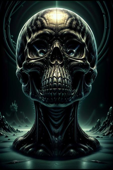 A close-up photorealistic image of a crystallic floating skull facing unique view with its mouth open, pouring from it's mouth a shimmering liquid resembling the universe onto the ground, filled with rich stars and swirling galaxies. A simple void background enhances the dark atmosphere, shrouded in fog, capturing the hypnotic flow and shimmer of the cosmic liquid,