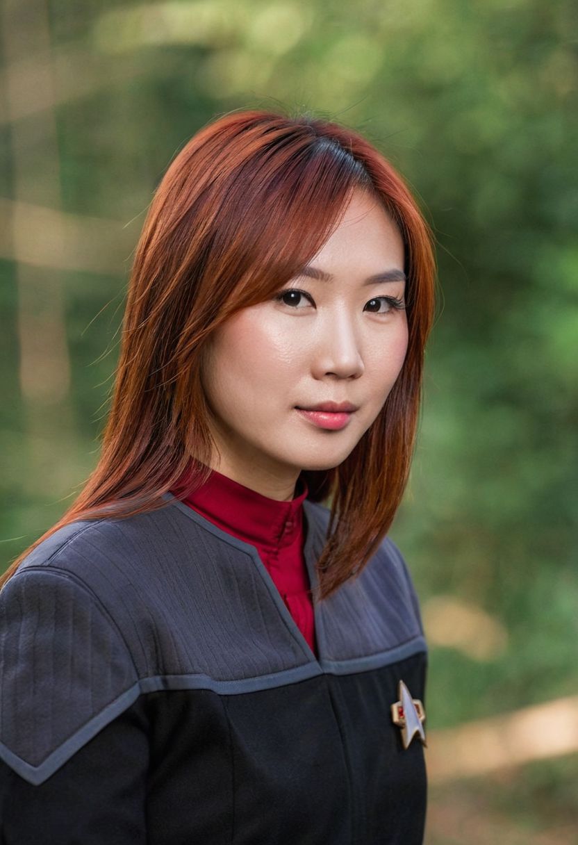 photo portrait of a 28yo ((Asian woman)), ginger hair, messy, beautiful, (black and grey ds9st uniform), red collar, long sleeves, medium hair,
<lora:DS9XLVGRAD3:0.8>