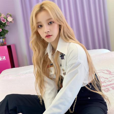 yuqi, ((kpop idol girl)), trendy clothes, provocative, koran woman, perfect face, fit body type, ((masterpiece, best quality)), perfect face, perfect light, (long hair), (neatly styled hair), looking at the viewer