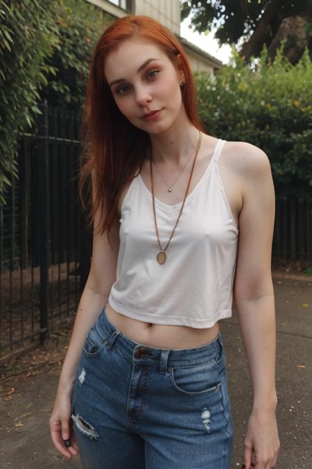 <lora:EvyDodl-000001:0.8> sweaty, cute girl, photograph, evydodl, 1girl, redhair, (slender body), (wearing makeup), (casual clothes), ((half-length portrait)), standing pose, outdoors, detailed skin, perfect composition, High Detail, absurdres, perfect lighting.<lora:lcm-lora-sdv1-5:1.0><lora:lcm-lora-sdv1-5:1.0>