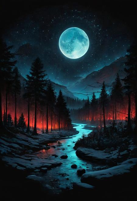 score_9, score_8_up, score_7_up, glowing river in the lush forest, extremely detailed, the horror of stars, snowy mountains, riverside village,  masterpiece, realistic, best quality, cosmic horror, Style-Volumetric, bright horror, s0lar, red lights, vector graphic logo design on black background in style of minimalism with cool blue earth tones, bold thick lines and solid colors by Ivan Chermayeff as vintage sticker,
