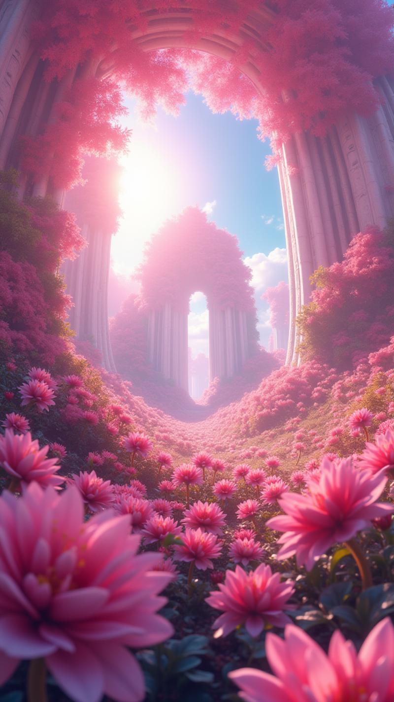 epic gaming Cover with weird camera angle, "Daydream, I fell asleep amid the flowers.", it is Painterly, equirectangular 360, Sci-Fi, Knightcore, radiant god rays, Pastel Colors, extremely beautiful, Well-visualised, symmetry, detailmaximizer