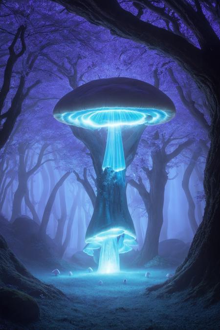 misty enchanted forest, glowing mushrooms scattered on the forest floor, ancient trees with twisting branches, soft blue and purple lighting, gentle fog rays through trees, fantasy magical vibe, high detail forest floor