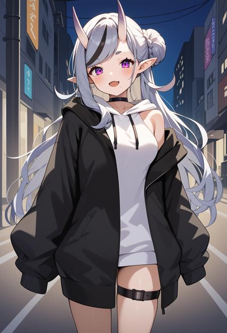 aamikoto, low twintails, streaked hair, hair ornament, horns, hair between eyes, purple eyes, fang, mole under mouth, breasts, black choker, o-ring, fur trim, cleavage, purple kimono, wide sleeves, sleeves past wrists, obi, thigh strap aamikoto, long hair, ponytail, hair ribbon, streaked hair, swept bangs, horns, mole under mouth, earrings, purple eyes, fang, breasts, black choker, black serafuku, black sailor collar, black shirt, brown cardigan, long sleeves, black skirt aamikoto, long hair, straight hair, streaked hair, horns, black hairband, blunt bangs, earrings, purple eyes, mole under mouth, breasts, bare shoulders, see-through, cleavage, short dress, black dress, sleeveless, black gloves aamikoto, long hair, single side bun, streaked hair, swept bangs, horns, purple eyes, fang, mole under mouth, breasts, black choker, sleeveless hoodie, white hoodie, off shoulder, black jacket, open jacket, long sleeves, thigh strap