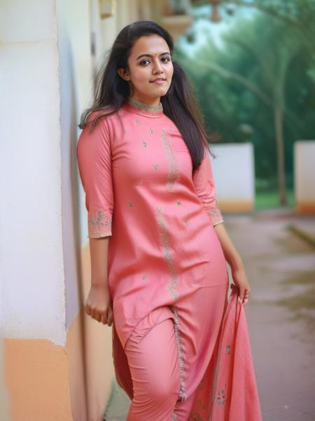 hires full body photo of a 30-year-old woman, aparna das, outdoors, looking at camera, light smile, high neck traditional Persian pink dress,  post-processing, maximum texture, masterpiece, ultra-detailed, photorealistic, sharp focus, intricate details, realistic eyes,simple white stucco background <lora:Aparna_Das_SDXL:1>