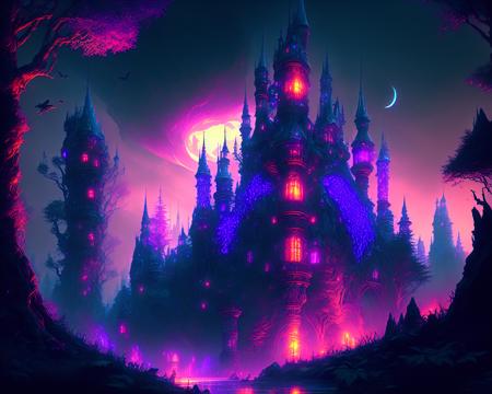 a fantasy castle, medieval, forest, night, by eonn