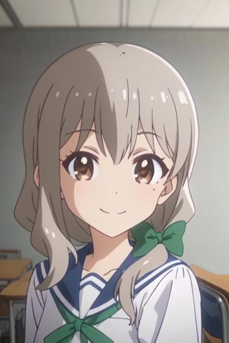 asteroid in love anime lineart, mari morino, brown eyes, long hair, gray hair, green ribbon tied in the left side of the hair, school uniform, long sleeves, thin green lace, long blue pleated skirt, black socks, brown shoes, classroom, looking at viewer, happy face