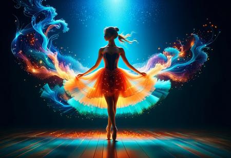 1girl, silhouette, double exposure, solo, dress, standing, standing on one leg, ballerina, fire, tutu, arm up, dancing, orange theme, strapless, ballet, long hair, strapless dress, leg up. 
Wide range of colors, Dramatic, Dynamic, Cinematic, 
minimalist flat illustration, Hand drawn flat art illustration, Flat Colour Anime, 
anime artwork, adventure, fantasy, manga-anime, whimsy, serene, surreal, 
aerial shot, aesthetic, dreamy, vibrant, vivid, volumetric lighting, 
textural, artistic, anime style, key-visual, studio anime, beautiful, painterly, 
highly detailed, ultra-detailed, intricate details, absurdres, 
ais-particlez, 
dress made of, tiny neon glass filaments, w0gf1l