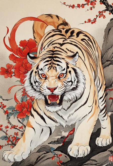 a close up of a tiger with a red tail and a white body, sacred tiger, chinese mythology, white tiger, ancient china art style, ((tiger)), korean mythology, traditional chinese art, by Keisai Eisen, chinese style painting, tiger_beast, colored illustration for tattoo, by Rumiko Takahashi, by Kishi Ganku, traditional chinese painting, bad_pictures, Movie Still, Film Still, Cinematic, Cinematic Shot, Cinematic Lighting, chinese meticulous ink, illustration