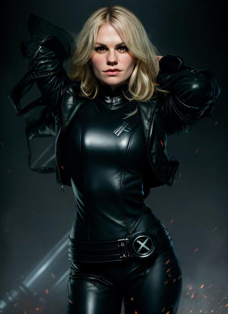 analog style, modelshoot style, portrait of Anna Paquin, as Marvel's Rogue, leather black suit, head white and black, epic (photo, studio lighting, hard light, sony a7, 50 mm, matte skin, pores, colors, hyperdetailed, hyperrealistic), <lyco:Anna Paquin:1.2>