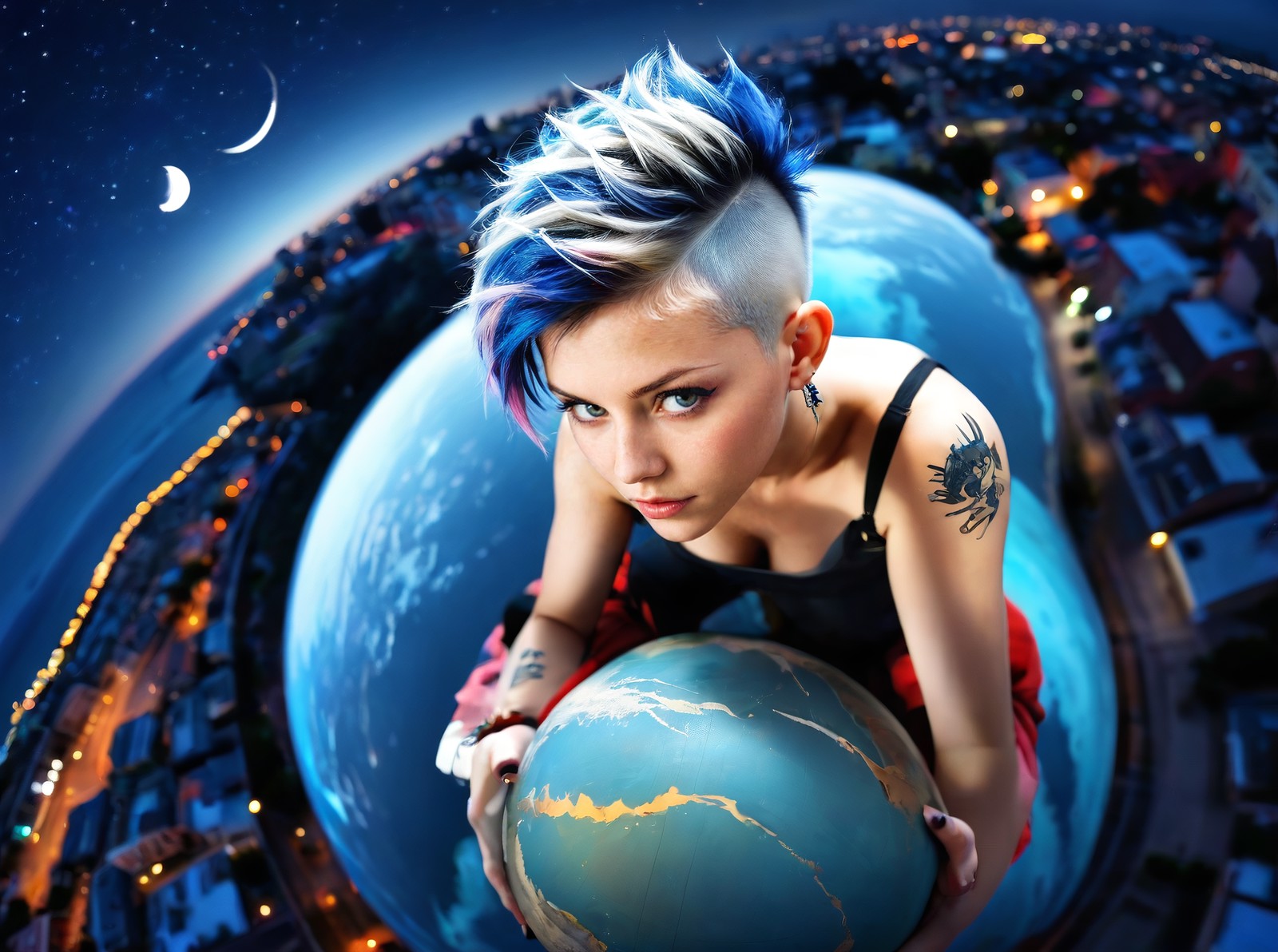 a girl pixie hair shaved hair,Mohawk,split-color hair,Aerial View,best place of the world,High quality lots of details Mag...